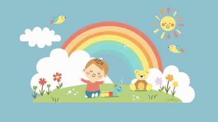 Naklejka premium Happy Child Playing in a Colorful Meadow