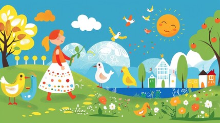 Naklejka premium Girl Walking in a Sunny Day