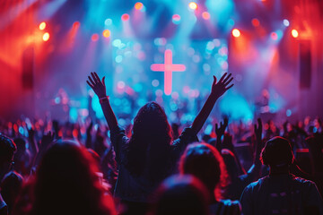 Christian worship service with people raising hands in church singing and praying to God with cross on stage community gathering on Easter or Sunday