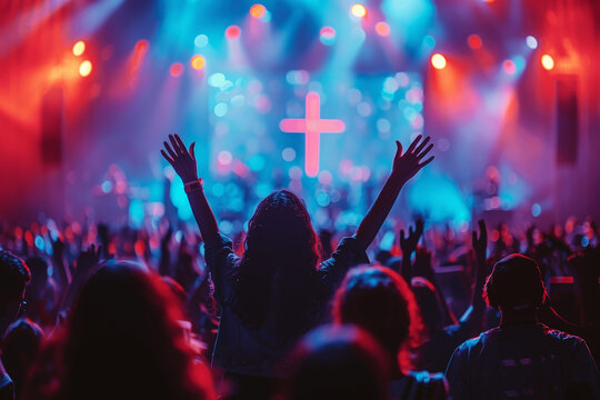 Christian worship service with people raising hands in church singing and praying to God with cross on stage community gathering on Easter or Sunday