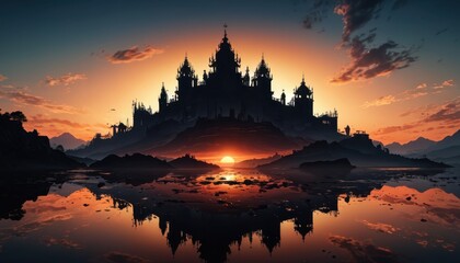 Fototapeta premium Silhouette of a Majestic Castle at Sunset.