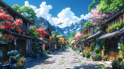 Obraz premium beautiful small town street in Japan anime style sunny day high resolution digital art traditional architecture cozy atmosphere peaceful realistic vibrant colors 25:14 aspect ratio