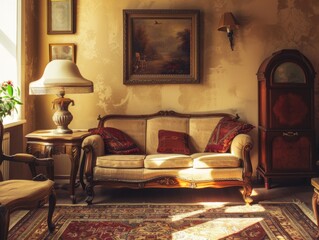 Cozy living room with vintage decor and warm lighting