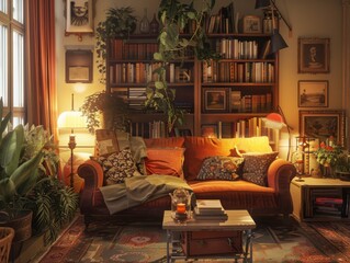 Cozy living room with vintage touches, warm lighting, and a comfy atmosphere