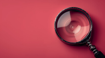 Magnifying Glass with Exclamation Mark on Red Background. Alert, Precaution, and Risk Management Symbol. Urgent Hazard and Safety Announcement. Information Search and Security Signal Notice.