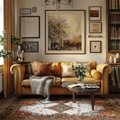 Cozy vintage living room with a warm atmosphere and framed art
