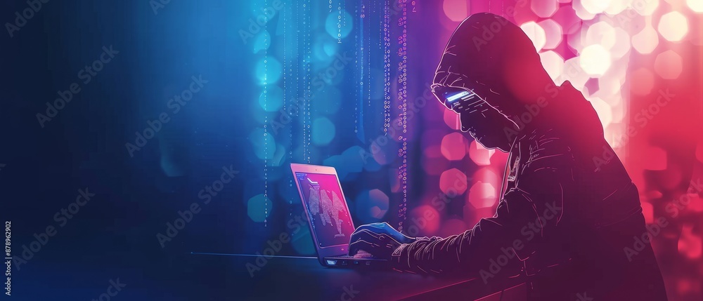 Poster abstract digital anonymous hacker with light blue laptop and ai chip. technology electronics backgro