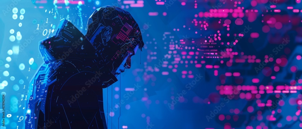 Poster abstract digital anonymous hacker with light blue laptop and ai chip. technology electronics backgro