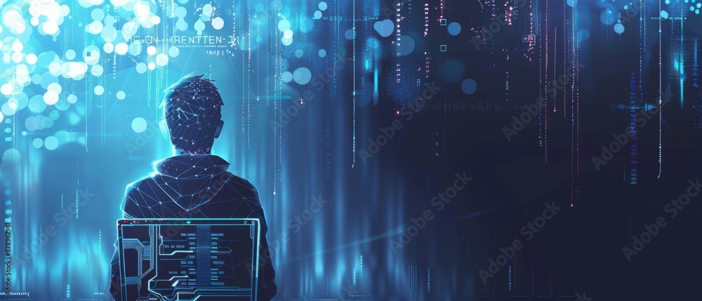Poster abstract digital anonymous hacker with light blue laptop and ai chip. technology electronics backgro