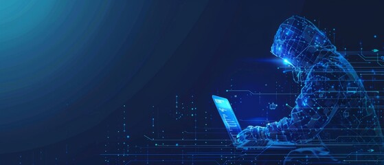 Abstract digital anonymous hacker with light blue laptop and AI chip. Technology electronics background. Computer chip and glitch data flow. Tech artificial intelligence bg. 