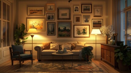Fototapeta premium Cozy vintage living room with framed art and warm atmosphere