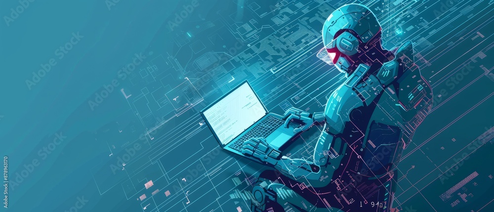 Poster abstract digital anonymous hacker with light blue laptop and ai chip. technology electronics backgro