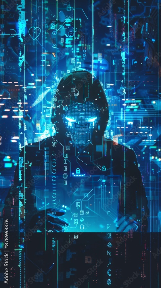 Poster abstract digital anonymous hacker with light blue laptop and ai chip. technology electronics backgro