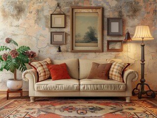 Vintage living room with a cozy atmosphere, stylish lamps, and framed artwork
