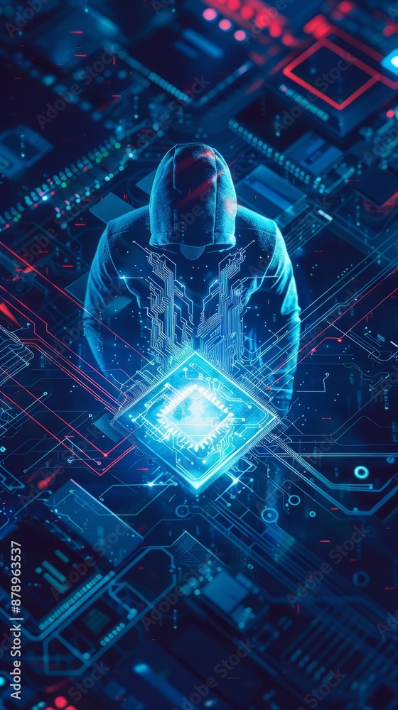 Poster abstract digital anonymous hacker with light blue laptop and ai chip. technology electronics backgro