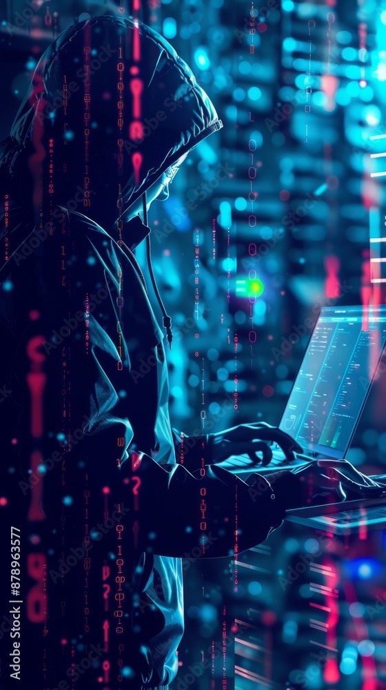 Poster abstract digital anonymous hacker with light blue laptop and ai chip. technology electronics backgro