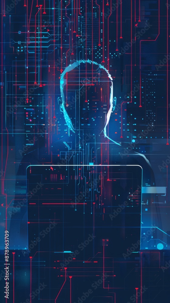 Poster abstract digital anonymous hacker with light blue laptop and ai chip. technology electronics backgro