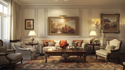 Fototapeta premium Vintage living room with framed artwork, stylish decor, and warm lighting