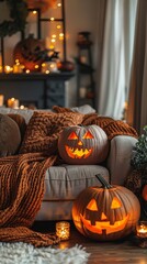 Obraz premium warm and inviting living room decorated for Halloween, featuring soft lighting, a plush sofa with pumpkin-themed pillows, a cozy throw blanket, and subtle Halloween decorations like fairy lights, carv