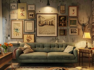 Vintage living room with framed artwork, a soft couch, and warm lighting