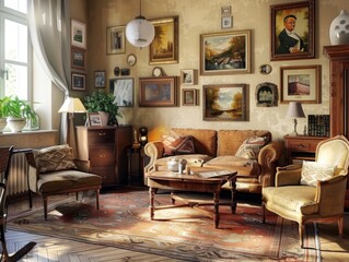 Fototapeta premium Warm living room with vintage furniture, cozy vibes, and framed pictures