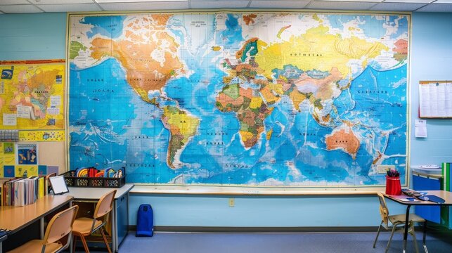 A large world map on a classroom wall, used for geography lessons and student projects - Powered by Adobe