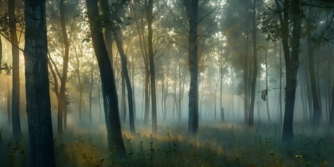 Obraz premium Morning light illuminates misty forest creating serene mystical atmosphere among trees. Concept Nature Photography, Misty Forest, Morning Light, Serene Atmosphere, Mystical Trees
