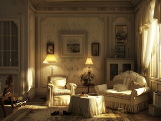 Fototapeta premium Warm living room with vintage touches and soft lighting