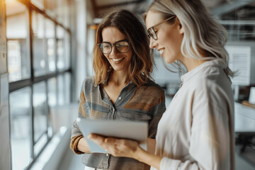 Two Business Women in Casual Attire Discussing a Project on a Tablet Near a Window in their Office