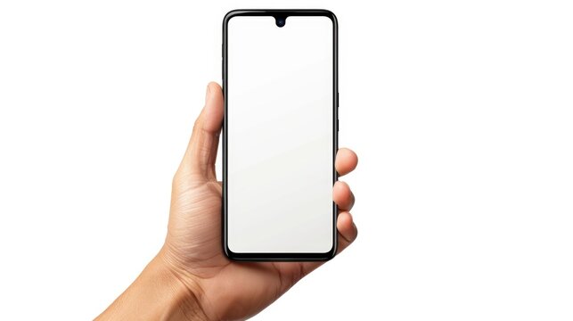 Hand holding smartphone with front facing camera isolated on white background blank screen mockup with clipping path