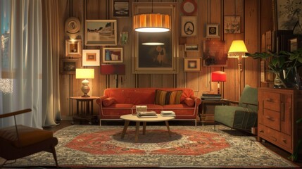 Fototapeta premium Warmlylit living room with vintage touches, stylish lamps, and framed artwork