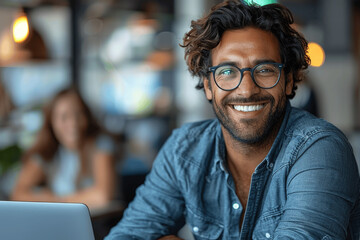 Obraz premium Smiling Businessman in Casual Outfit Using Laptop During Meeting