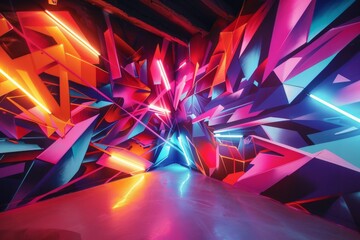 Naklejka premium Abstract Neon Graffiti Art in a Corner Room