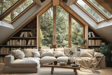 Fototapeta premium Cozy Attic Living Room with Large Windows and Skylights, Wooden Shelves, Natural Fabric Sofa, Rustic Coffee Table, Filled with Books and Plants, Scandinavian Minimalist Design