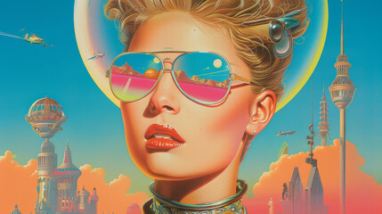 steampunk style of woman portrait, japanese anime, 1980s vintage style illustration