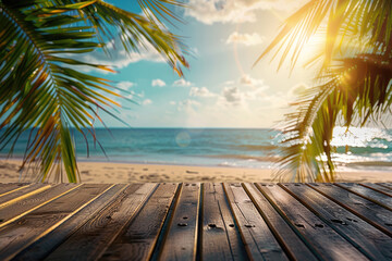 Fototapeta premium Coconut trees by the seaside, tabletops made of wooden boards