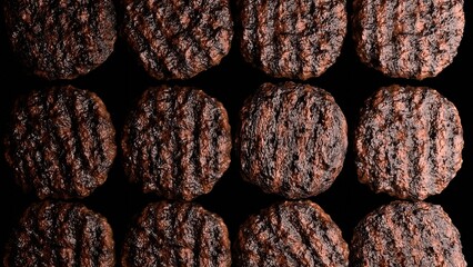 3d rendering of a close-up beef patties on a black background. The patties are brown and appear to be cooked through. They have a slightly crispy crust around the edges