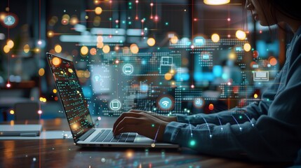 Office worker surrounded by digital screens showing global data, blurred background emphasizes technology.