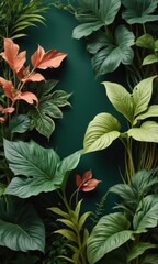 Obraz premium Tropical Leaf Border on Dark Green Background.