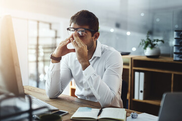 Office, stress and business man on computer for deadline on web design, project and research....