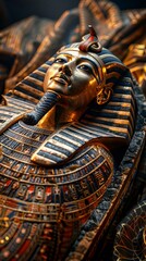A detailed close-up of an ancient Egyptian mummy resting inside an ornate sarcophagus, with intricate hieroglyphs and golden decorations on the sarcophagus