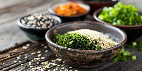 Japanese condiment bowl with torn nori sesame seeds and vegetarian seasonings. Concept Japanese Cuisine, Torn Nori, Sesame Seeds, Vegetarian Seasoning, Condiment Bowl