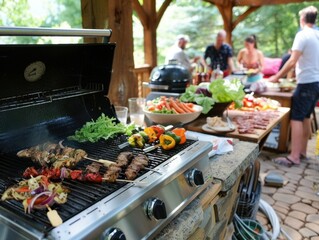 Extended family having a backyard barbecue, grilling, and sharing stories, outdoor kitchen setup, Family cooking, Outdoor cooking and family gatherings