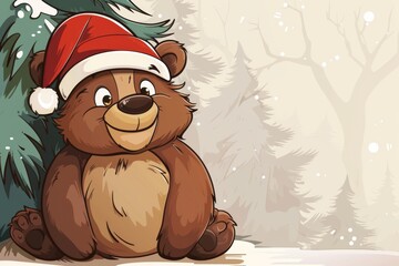 A friendly cartoon bear wearing a Santa hat, leaning against a cartoon tree 
