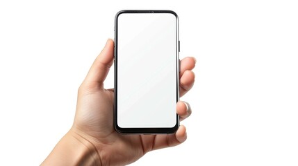 Isolated white background featuring hand holding smartphone