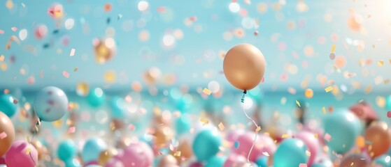 Fototapeta premium Colorful balloons and confetti in the air at a beachside celebration, creating a festive, cheerful atmosphere against a bright blue sky background.