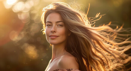 A beautiful woman with long hair blowing in the wind, standing outside in nature, wearing bohemian style with sunlight highlighting her radiant skin and hair.