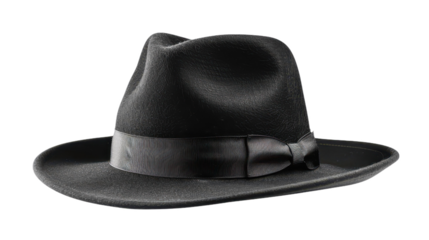 Classic Black Fedora Hat with Ribbon Band on White Background