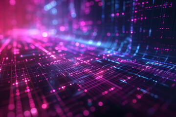 An abstract futuristic background with glowing digital lines and blocks.