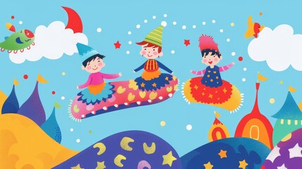 Three Kids Flying on a Magic Carpet